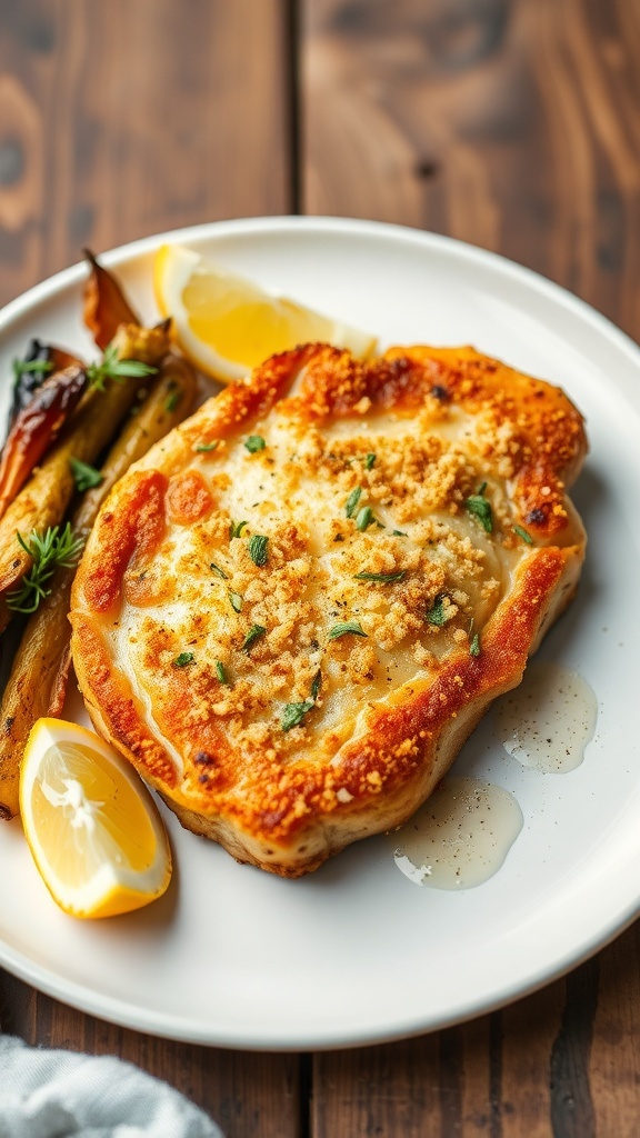 A golden Parmesan crusted pork chop on a plate with roasted vegetables and a lemon wedge.